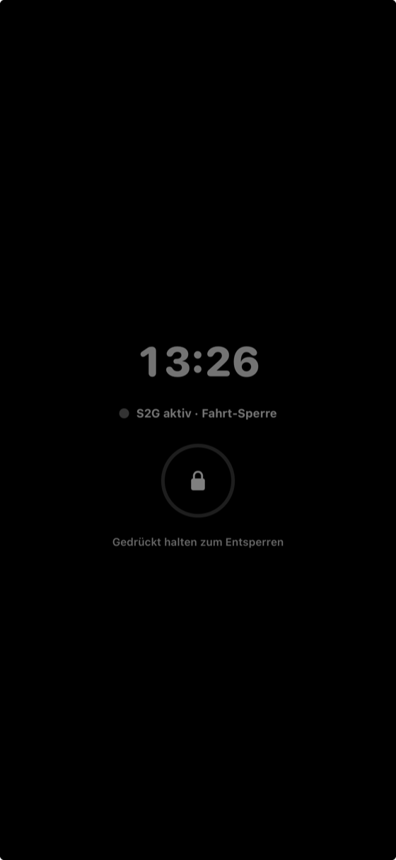 Pocket-Modus: dunkle Fahrt-Sperre — gedrückt halten zum Entsperren.